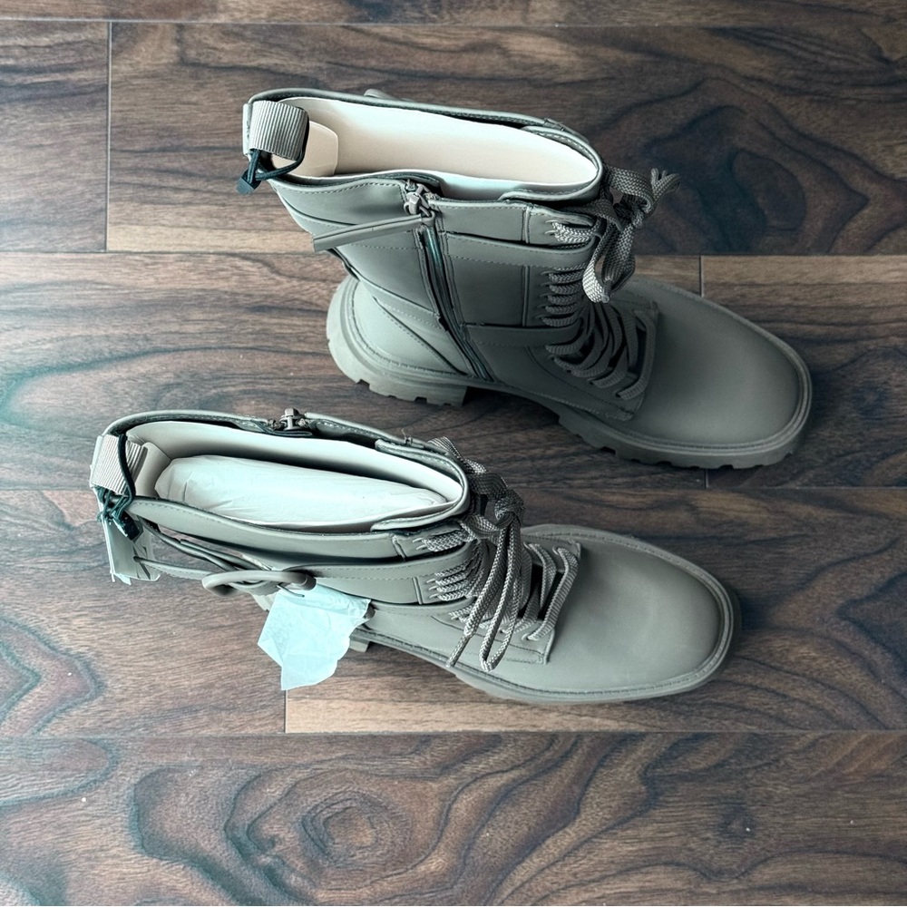 ZARA Khaki Military Waxed-Finish Lace-Up Boots Size 38 (US 7.5) NWT - Picture 6 of 10